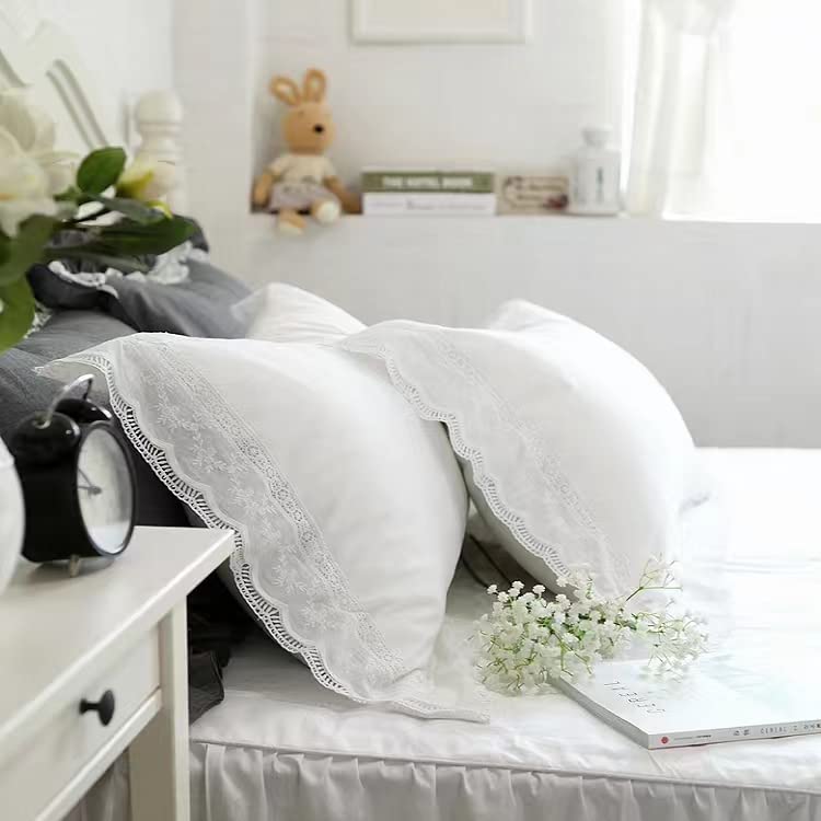 Meaning4 White Lace Pillow Shams King Size Pillowcases Cotton French Country Shabby Chic Style 2 Pieces 36"x20" - Image 1